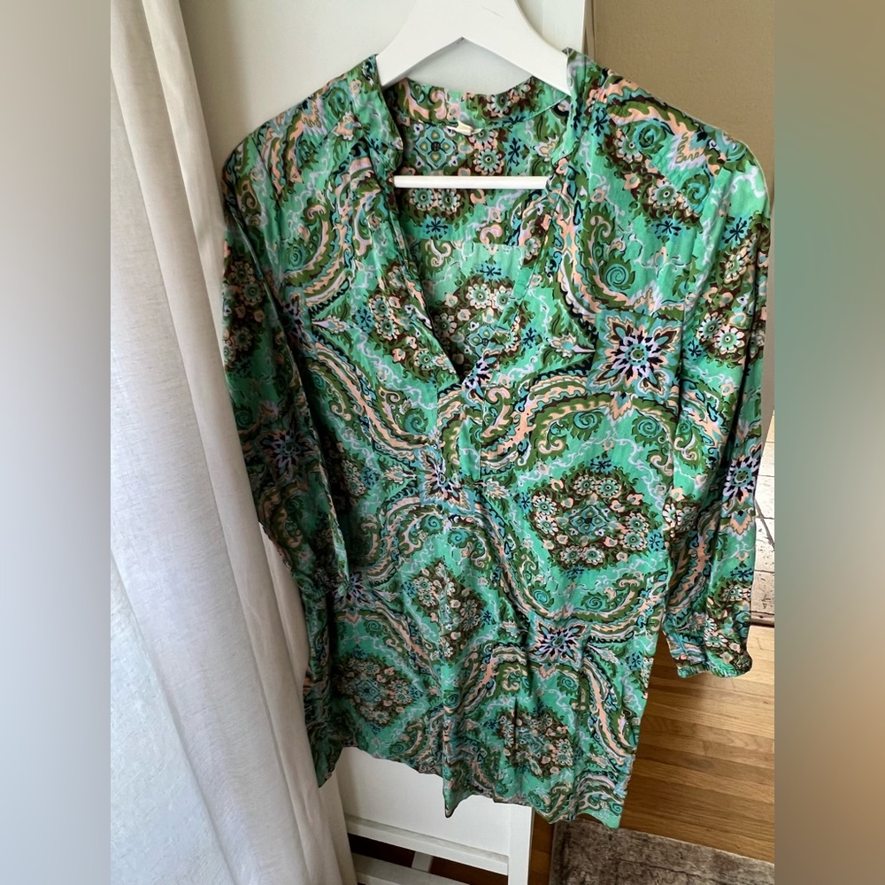 J. Crew green and paisley printed shirt dress size XXS